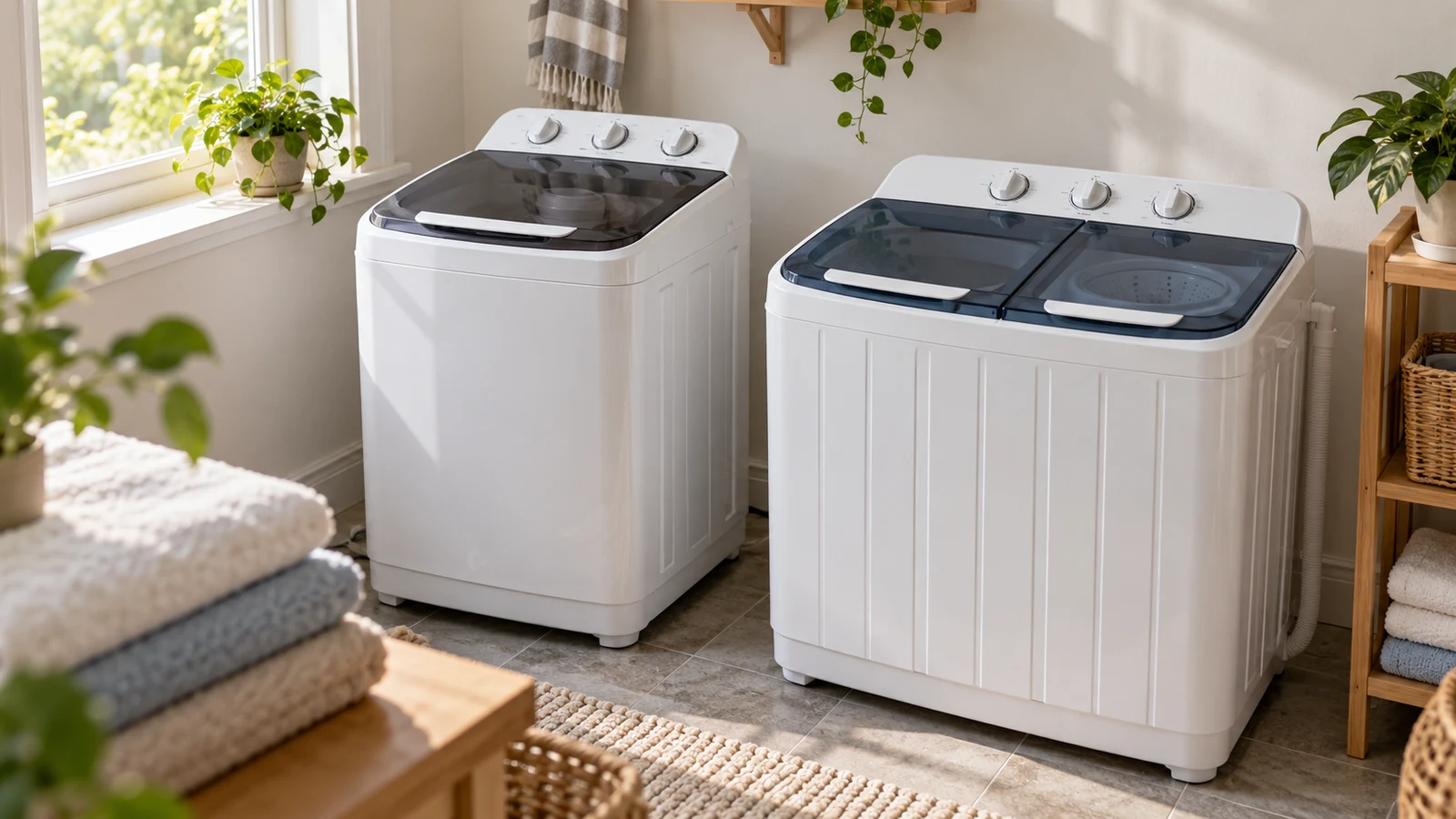 Magic Chef MCSTCW20G6: Two white washing machines stand beside folded towels and plants in a sunlit laundry room.