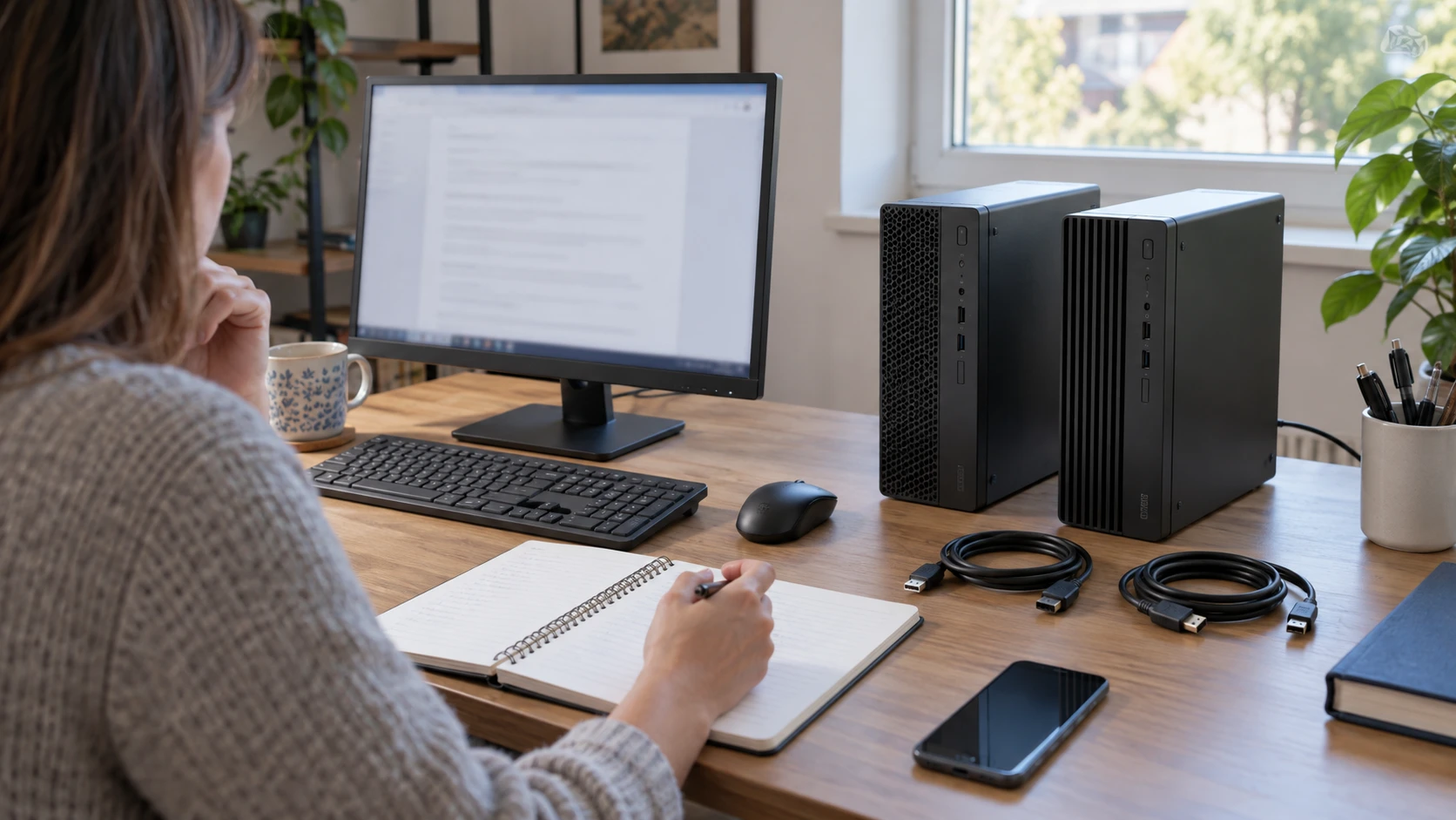 Dell OptiPlex 5080 vs HP ProDesk 400 G9 buying guide illustrated by a buyer planning a desk beside two generic compact desktop computers, a monitor and loose cables; a conceptual scene, not the actual retail models.