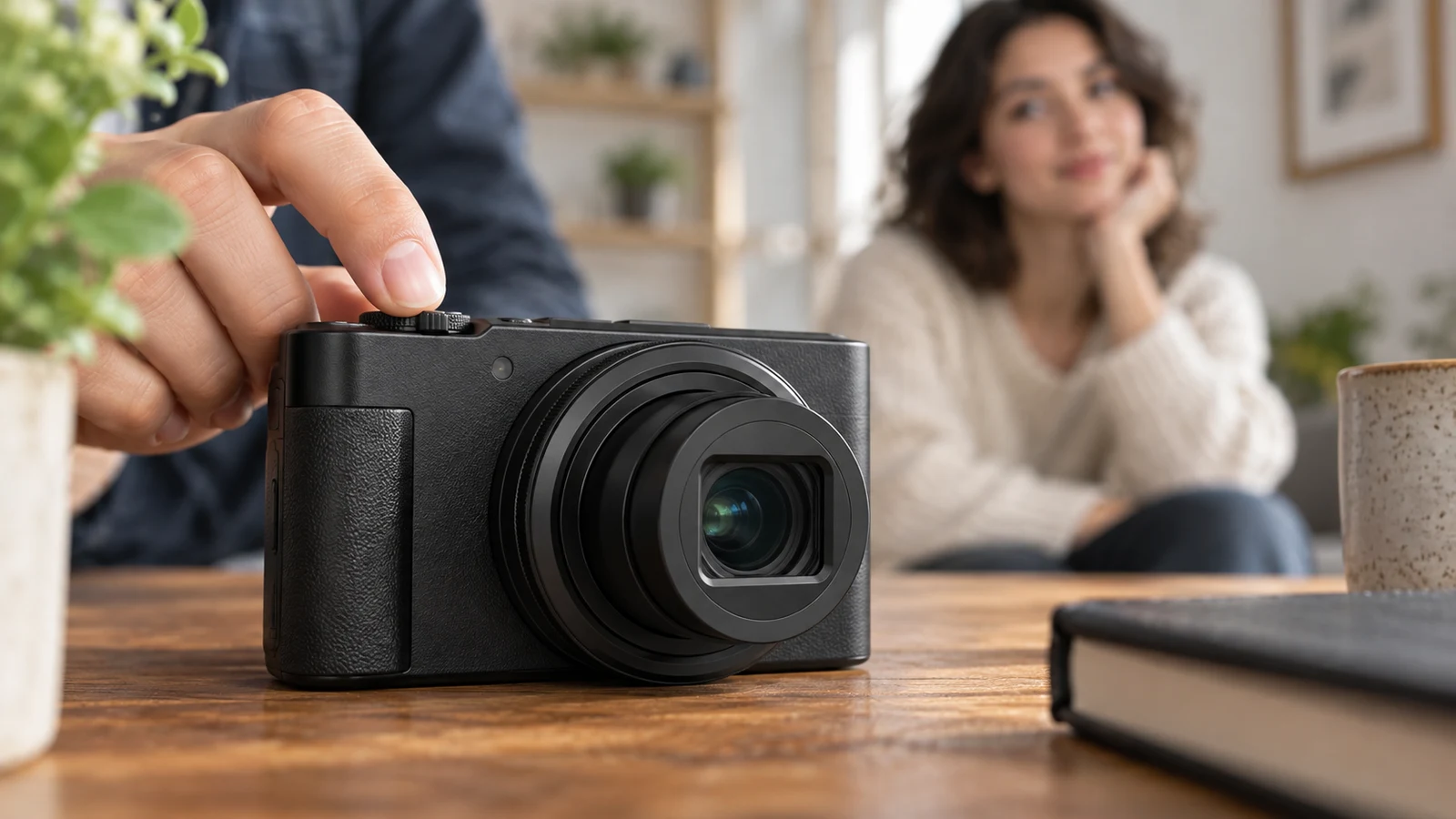 Sony ZV-1 II autofocus area checks: A hand touches an unbranded black camera on a wooden table.
