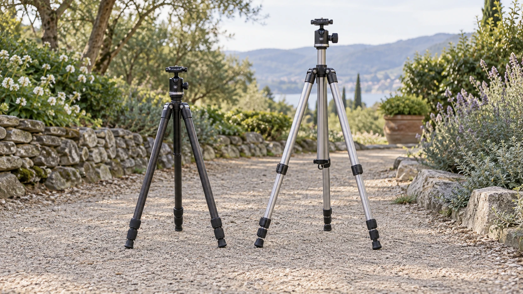 Camera tripod column positions represented by two generic complete unloaded tripods with visible heads, columns and legs; conceptual cover, not exact models, approved camera attachments or a tested load configuration.