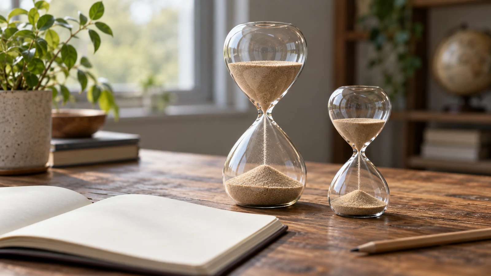 compare event rates: Two differently sized glass sand timers stand on a wooden desk beside an open blank notebook.