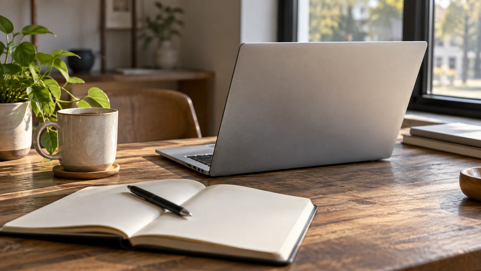 Dell Inspiron word count checks: An unbranded laptop sits on a sunlit wooden desk beside an open notebook.