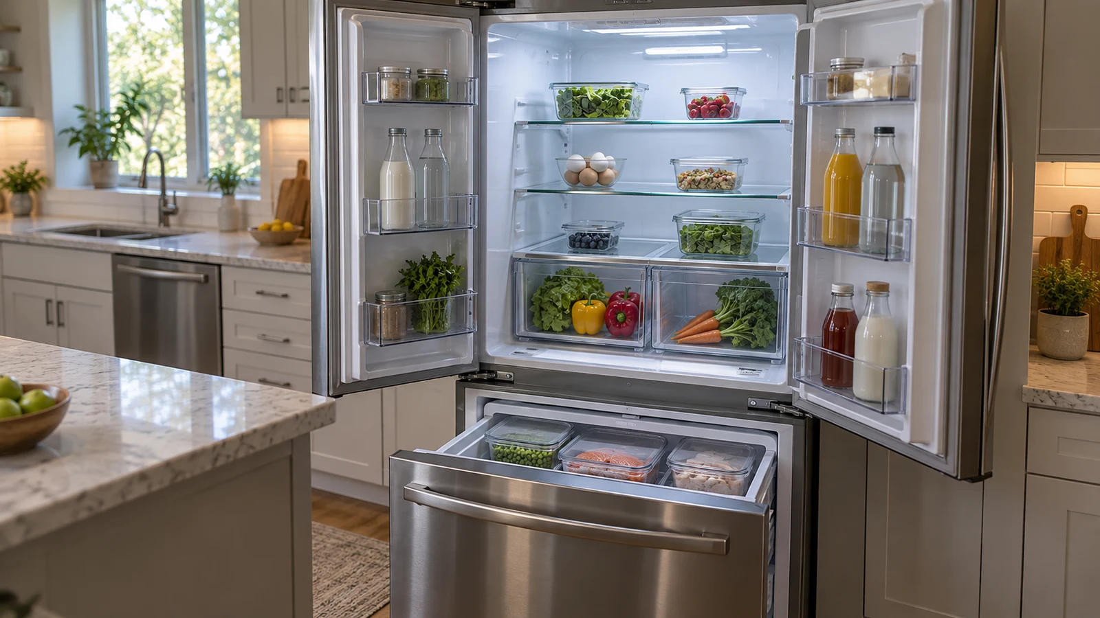 refrigerator compartment capacity: An open refrigerator holds food on glass shelves, in door bins and drawers.