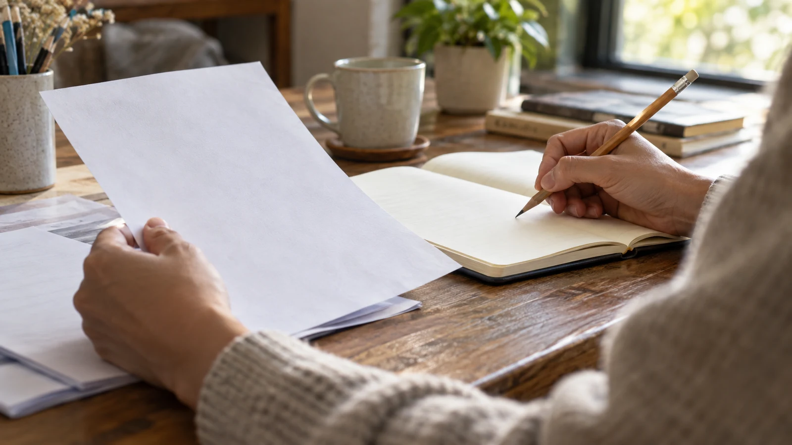story tense consistency: A person holds a sheet of paper and a pencil above an open notebook.