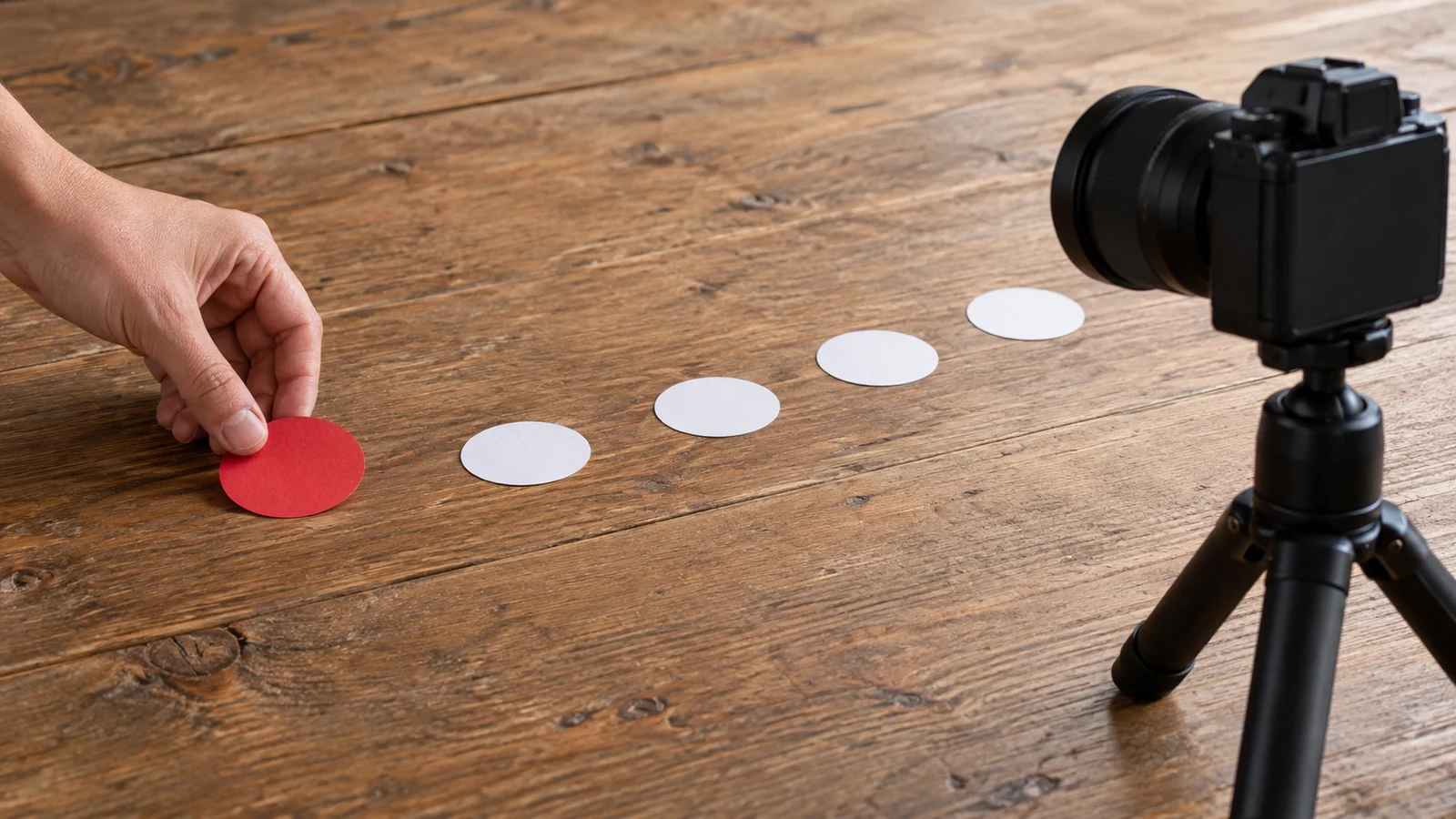 stop motion planning: A hand positions a red paper circle beside white paper circles and a tripod-mounted camera on a wooden table.