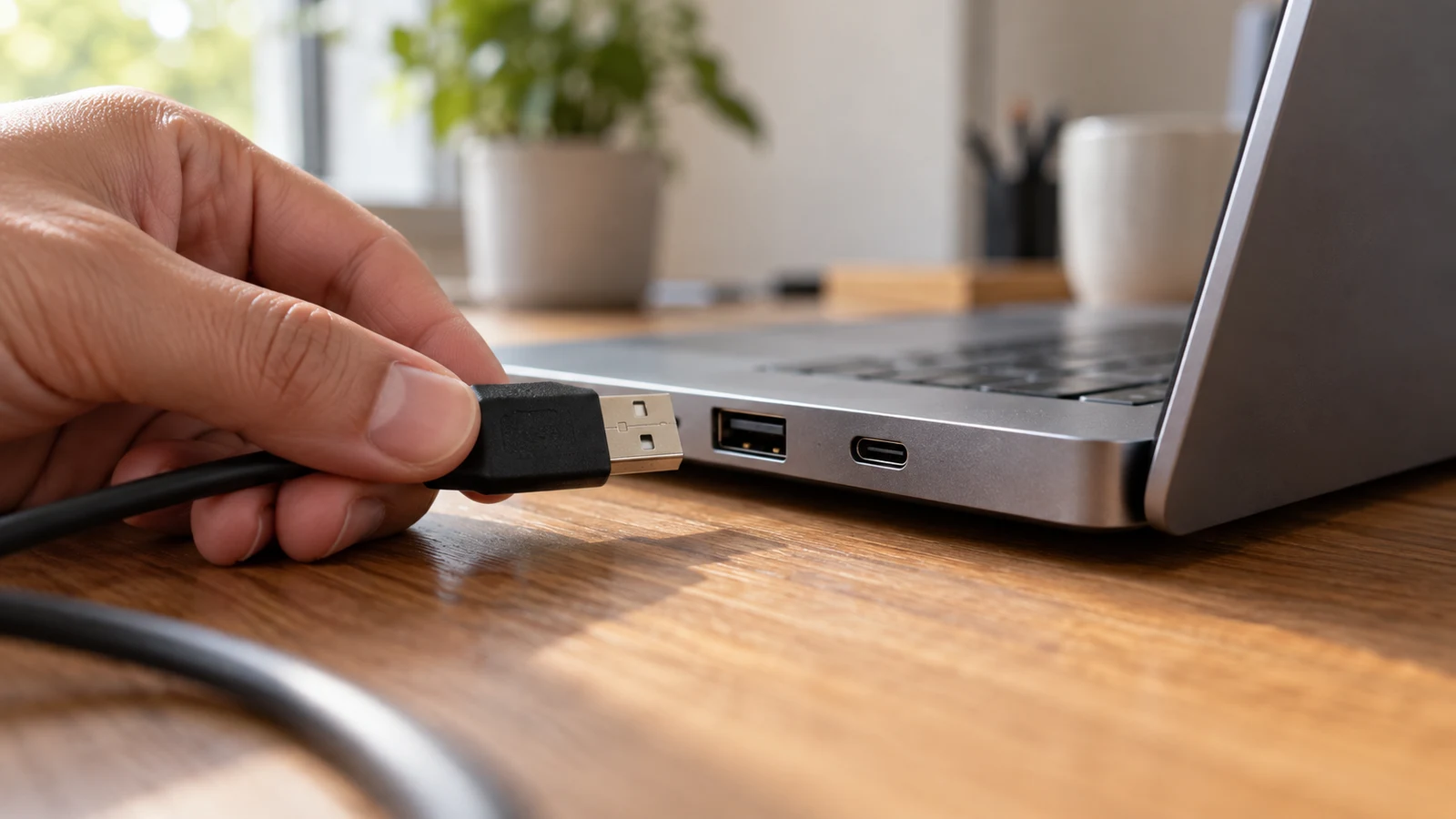 Dell Inspiron USB port checks: A hand holds a USB connector beside an unbranded laptop on a wooden desk.