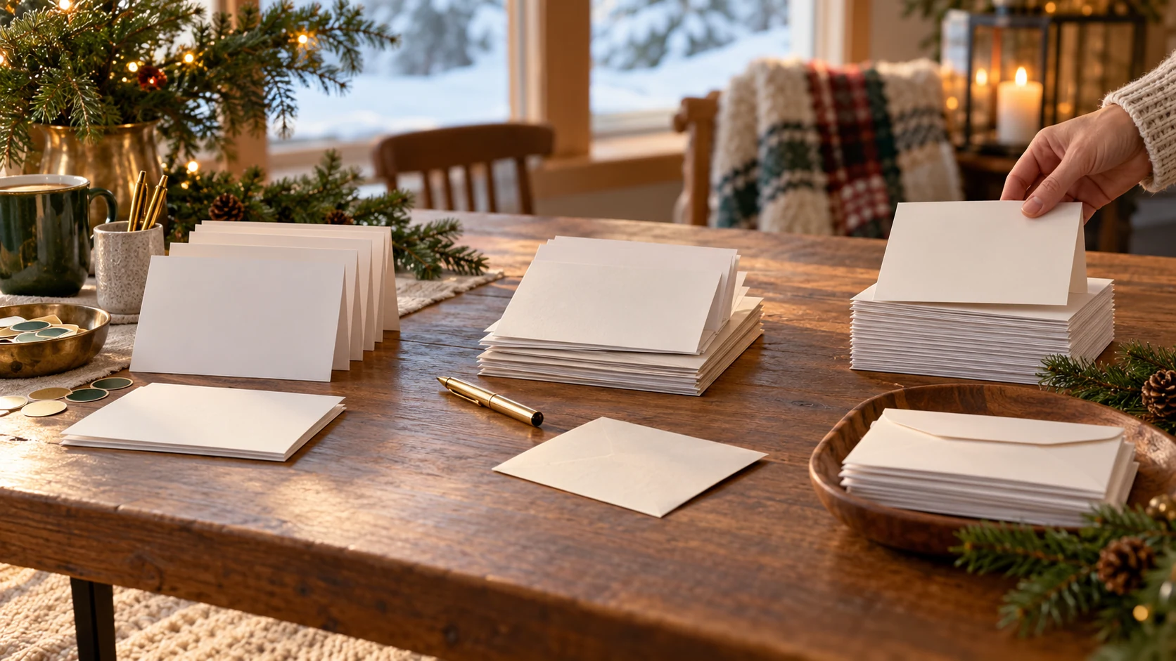 Holiday card writing station with blank cards and envelopes in three small groups on a winter table.