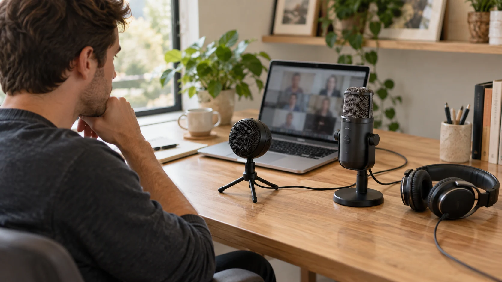 USB microphone has no voice in a call illustrated by generic USB microphones and headphones at a computer desk; conceptual scene, not actual models, exact controls or a demonstrated repair.