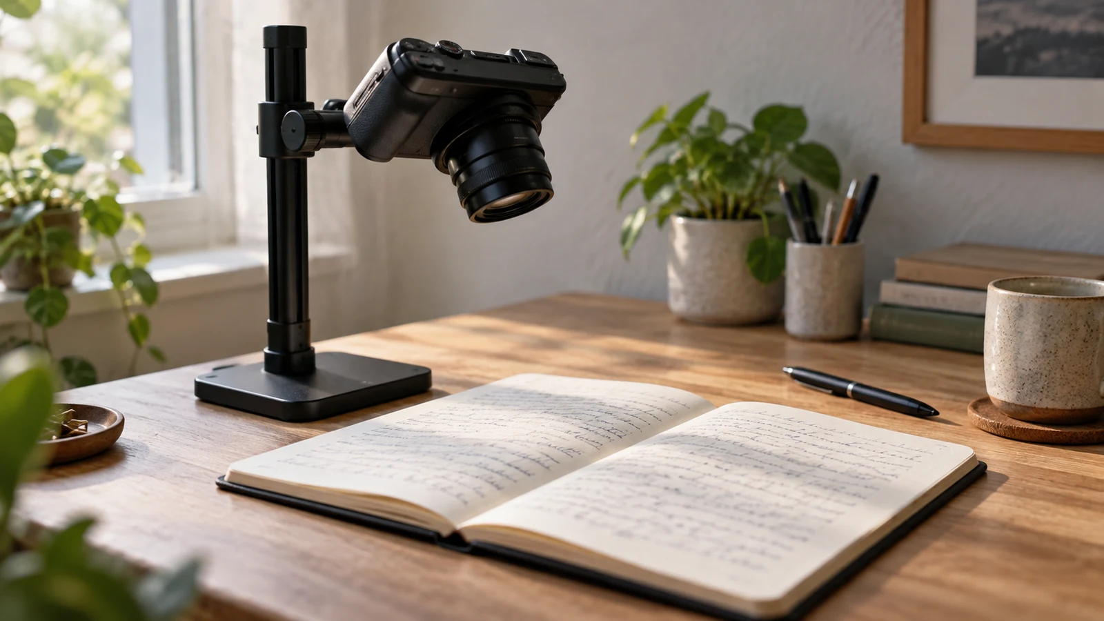 photograph handwritten pages: A black camera on a stand points down toward an open handwritten notebook.