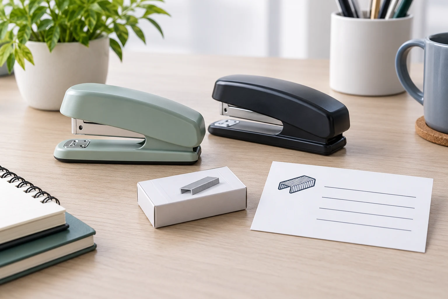 Stapler starter-supply budget considered with generic closed desktop staplers beside a small starter-staple box and a separate future-supply enquiry card, without an operating demonstration