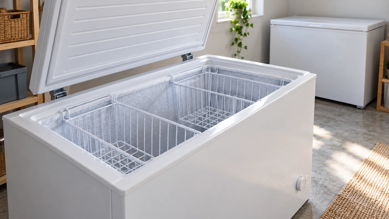 DEMULLER: An open white chest freezer holds wire baskets beside a closed freezer in a sunlit utility room.
