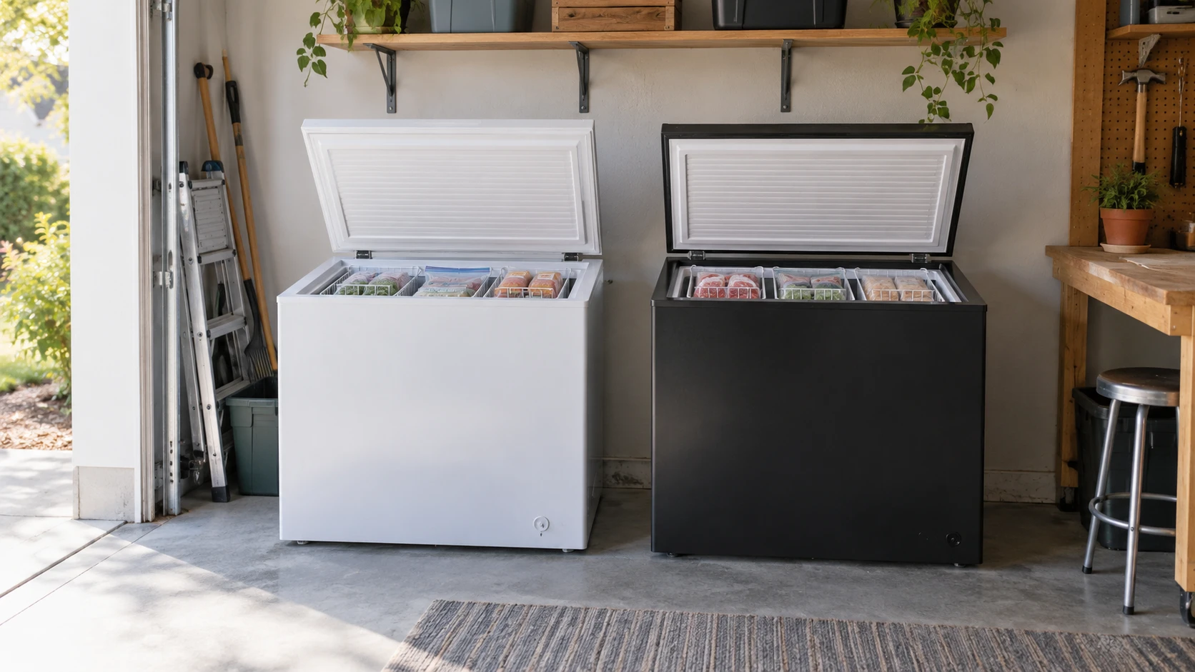 Frigidaire EFRF7013 chest freezer: garage placement, lid clearance, basket organization, and defrost needs compared with LHRIVER.