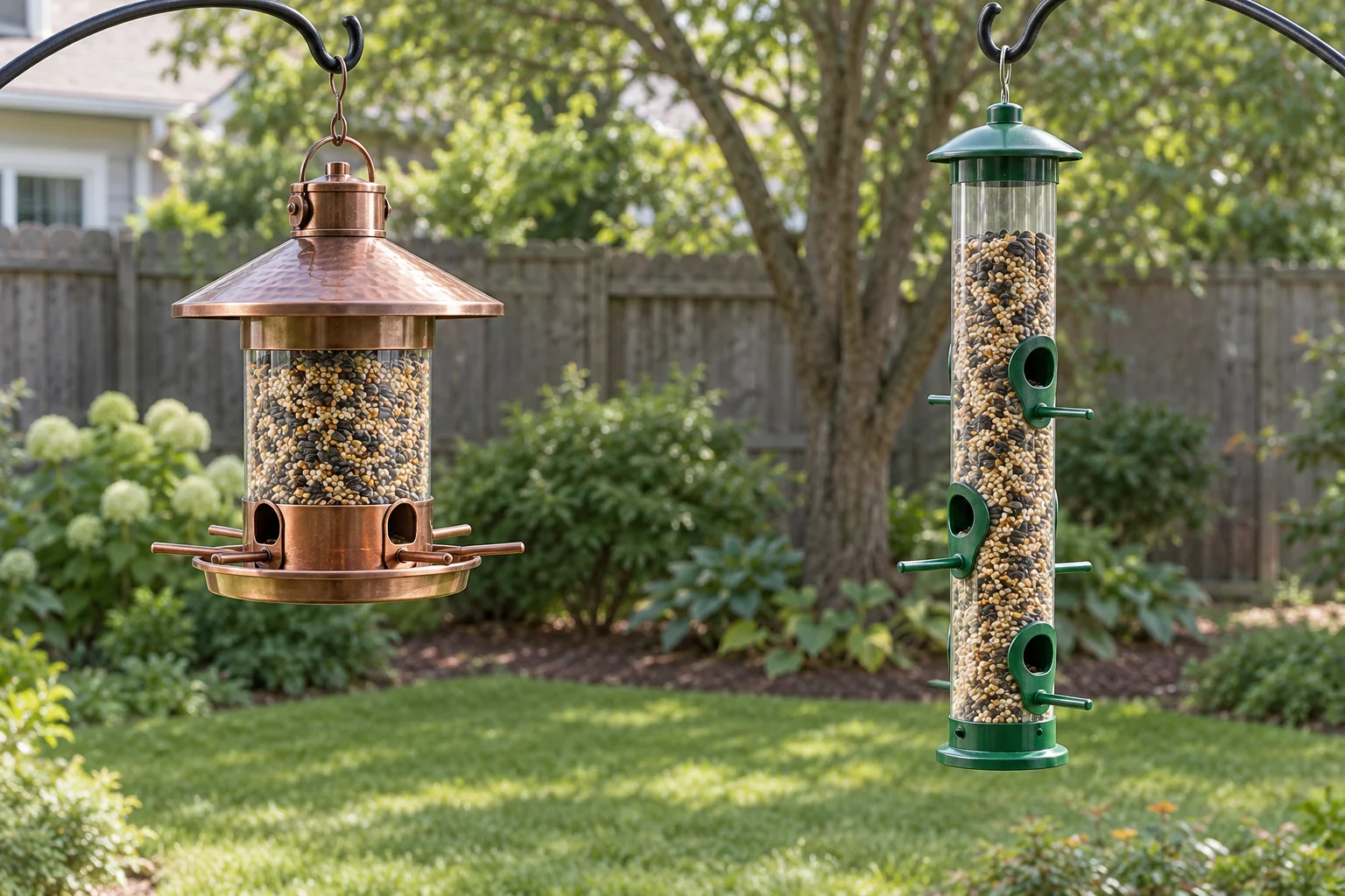 bird feeder design choice showing a copper hopper and green tube as two distinct hanging forms in a simple outdoor window view