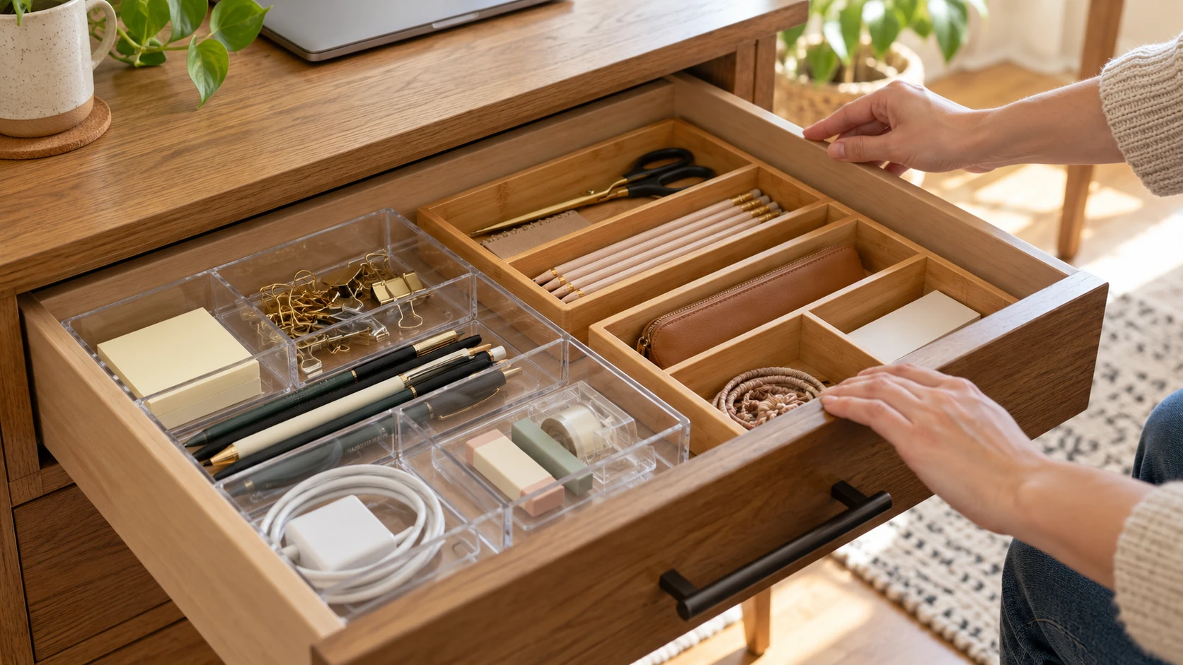 Drawer organizer trays sliding inside an open wooden desk drawer as hands check clear and wooden compartment inserts.