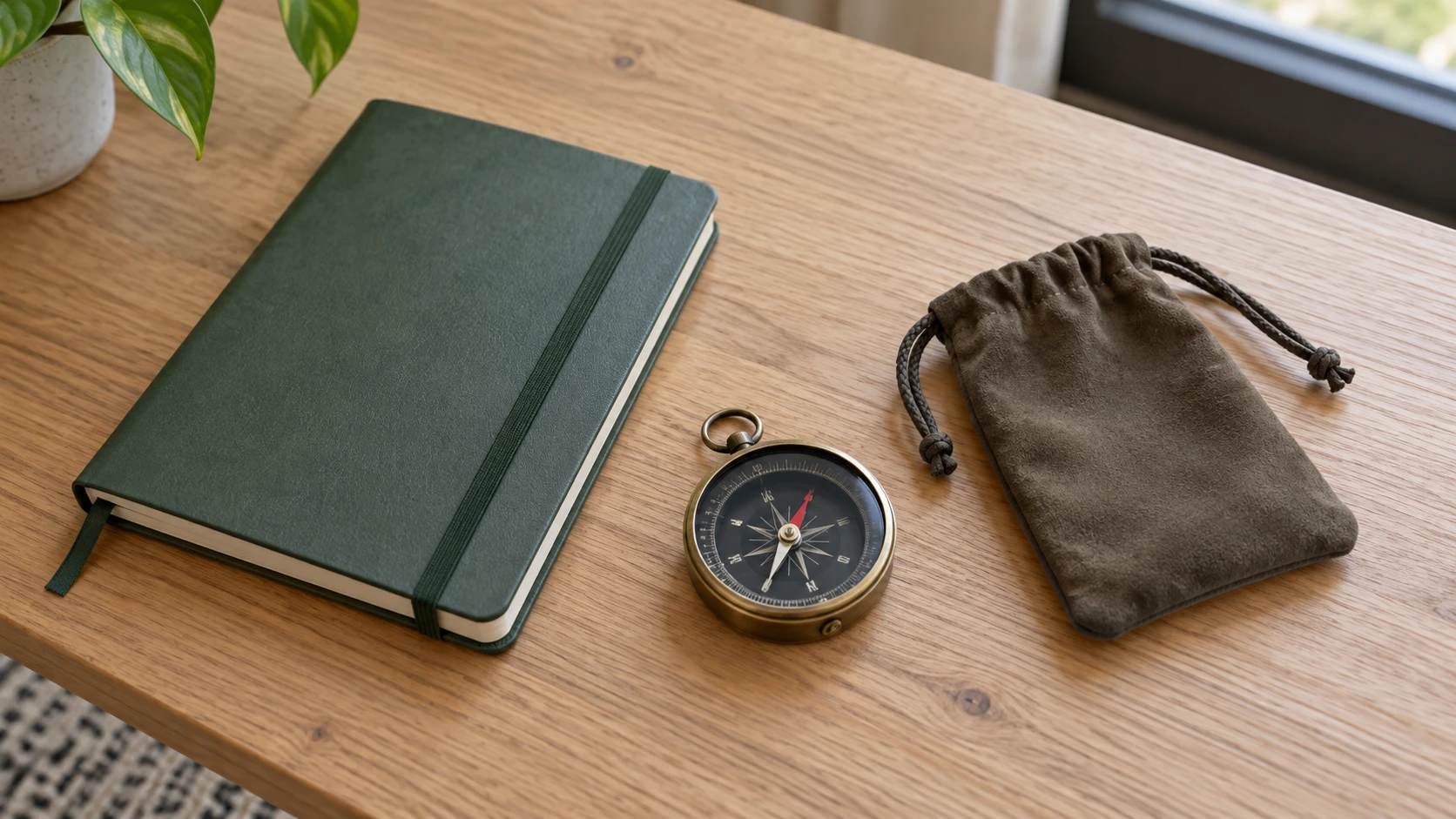 How a magnetic compass works concept with a whole generic inactive pocket compass beside a complete notebook and pouch.