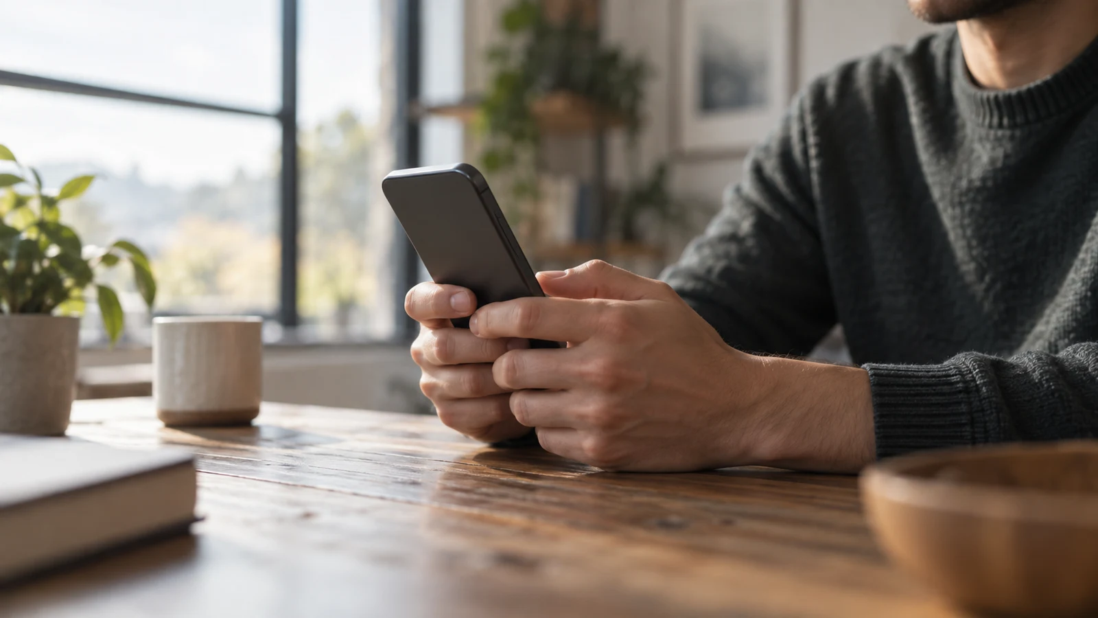 crypto checkout address verification: A person holds a phone with both hands above a wooden table.