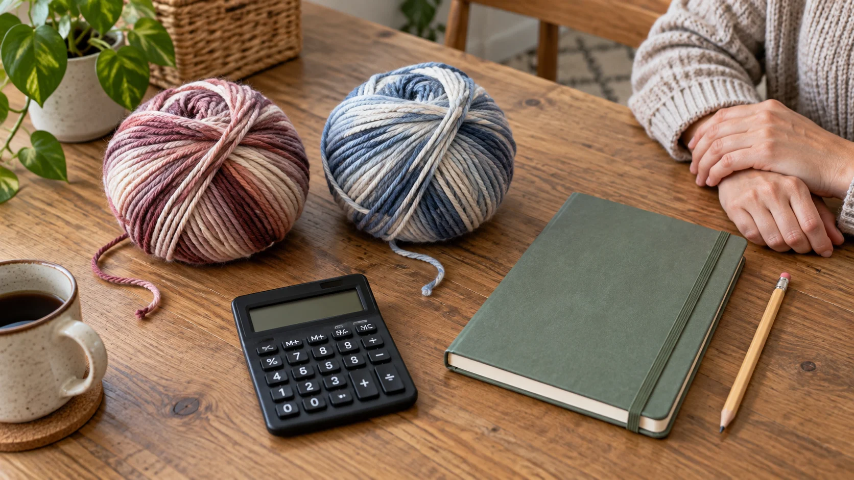 Yarn unit cost per 100 yards illustrated by two whole generic multicolor yarn balls beside a calculator, closed notebook and pencil on a craft table.