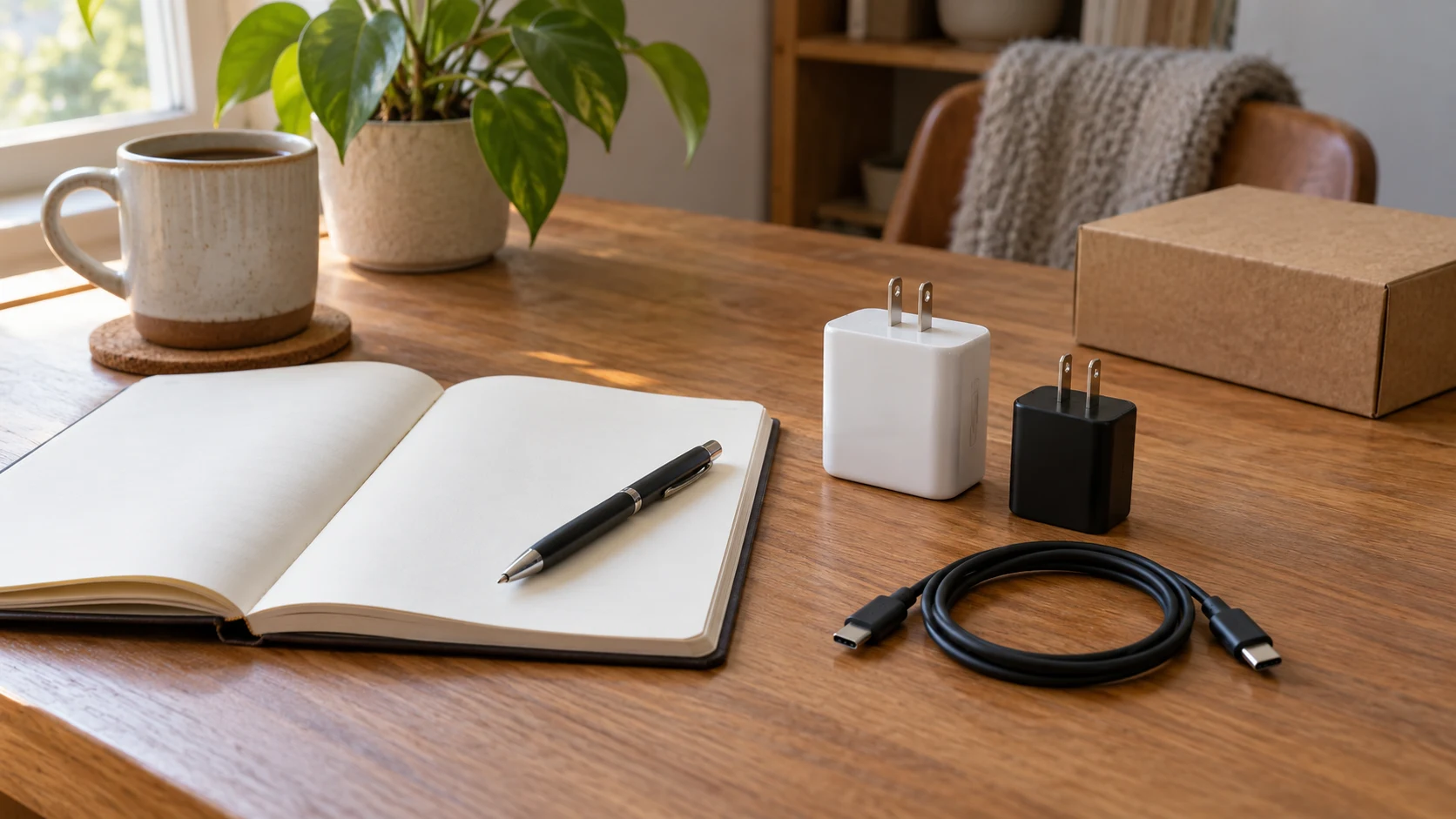 Planning to avoid duplicate charger accessory purchases with generic disconnected chargers, a loose cable and blank notebook; no actual kit, completed purchase or compatibility proof.