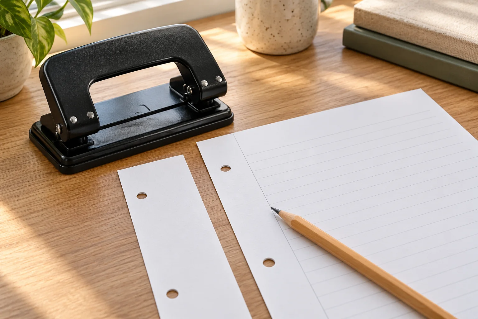 Hole punch page margin sample with clear space between punched holes and faint writing lines beside a paper punch and pencil.