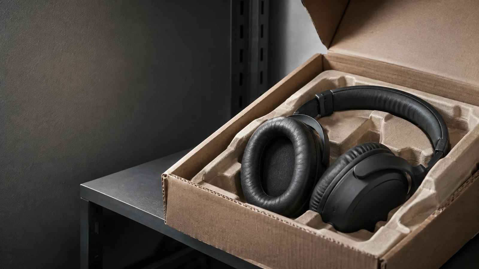 crypto shopping returns: Black headphones rest in molded packaging inside an open cardboard box on a dark shelf.