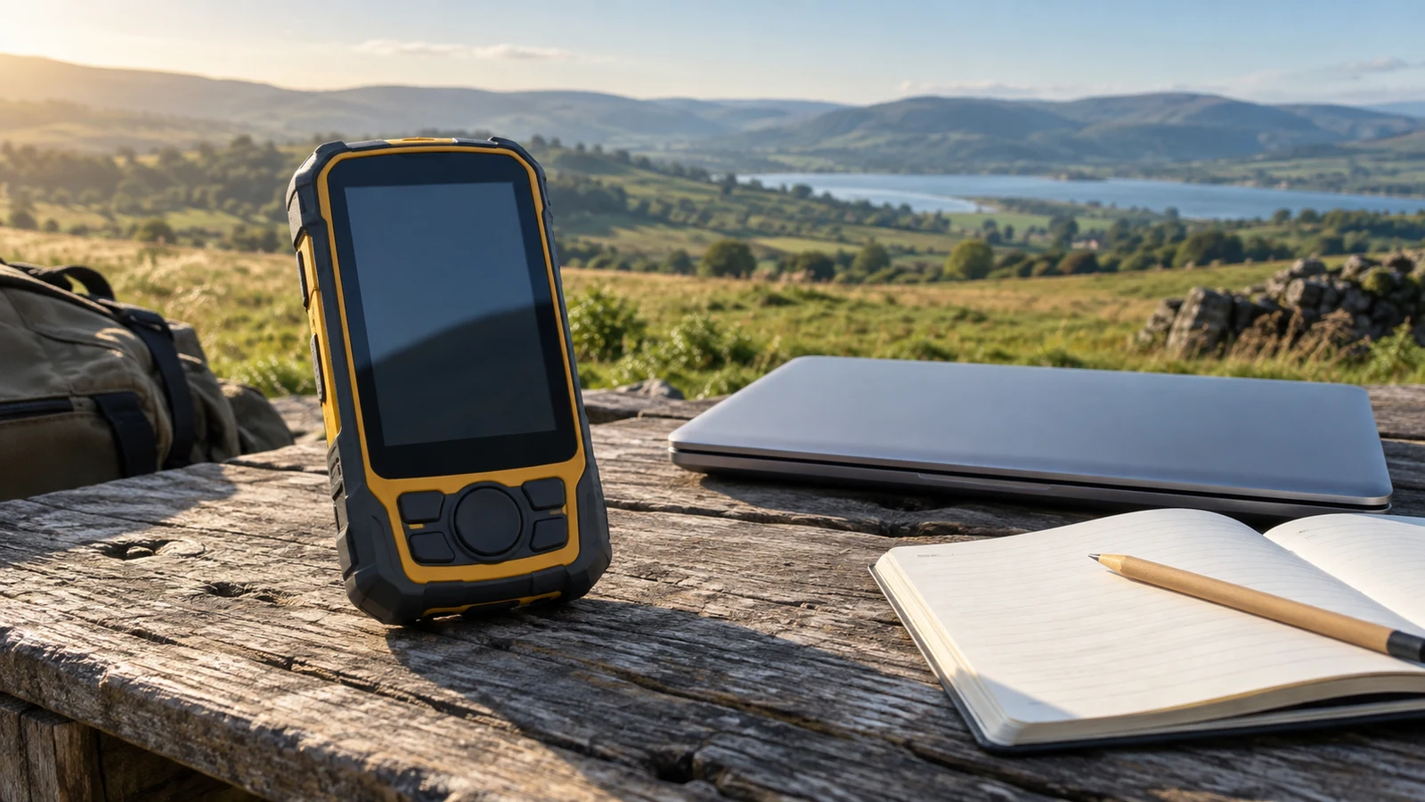 NAVA F60 export formats: A rugged handheld device, closed laptop and open notebook rest on a weathered outdoor table.