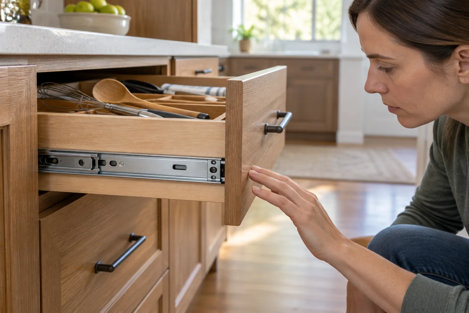 Soft-close drawer shuts hard inspection, with an existing kitchen drawer and visible side slide viewed from a safe position.