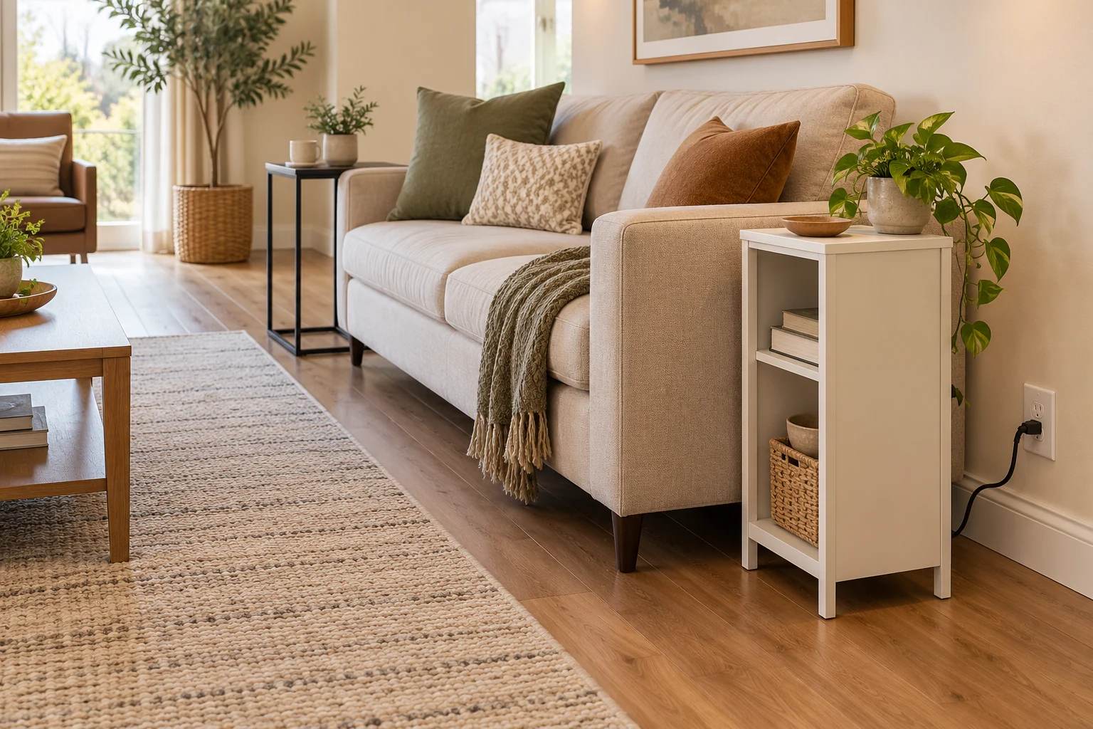Comparing narrow end table outlet placement beside a seat: a powered table by a wall outlet and a plain narrow table farther along the sofa.