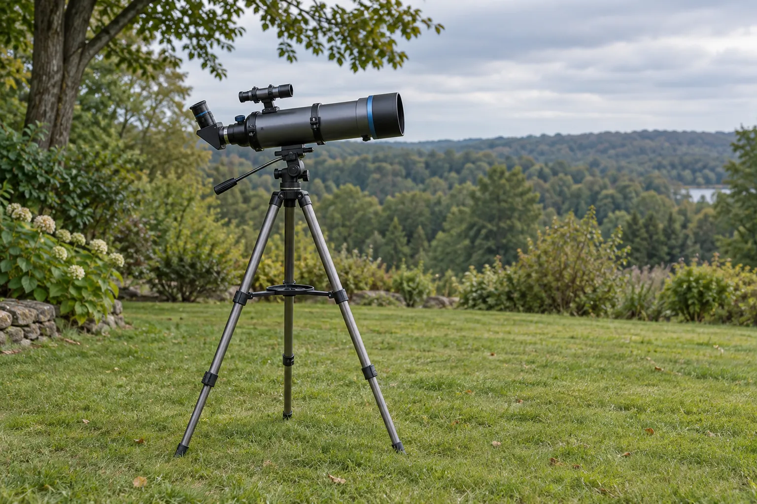 Travel Scope 70 finder alignment concept with a generic inactive refractor and optical finder on a tripod in a shaded garden