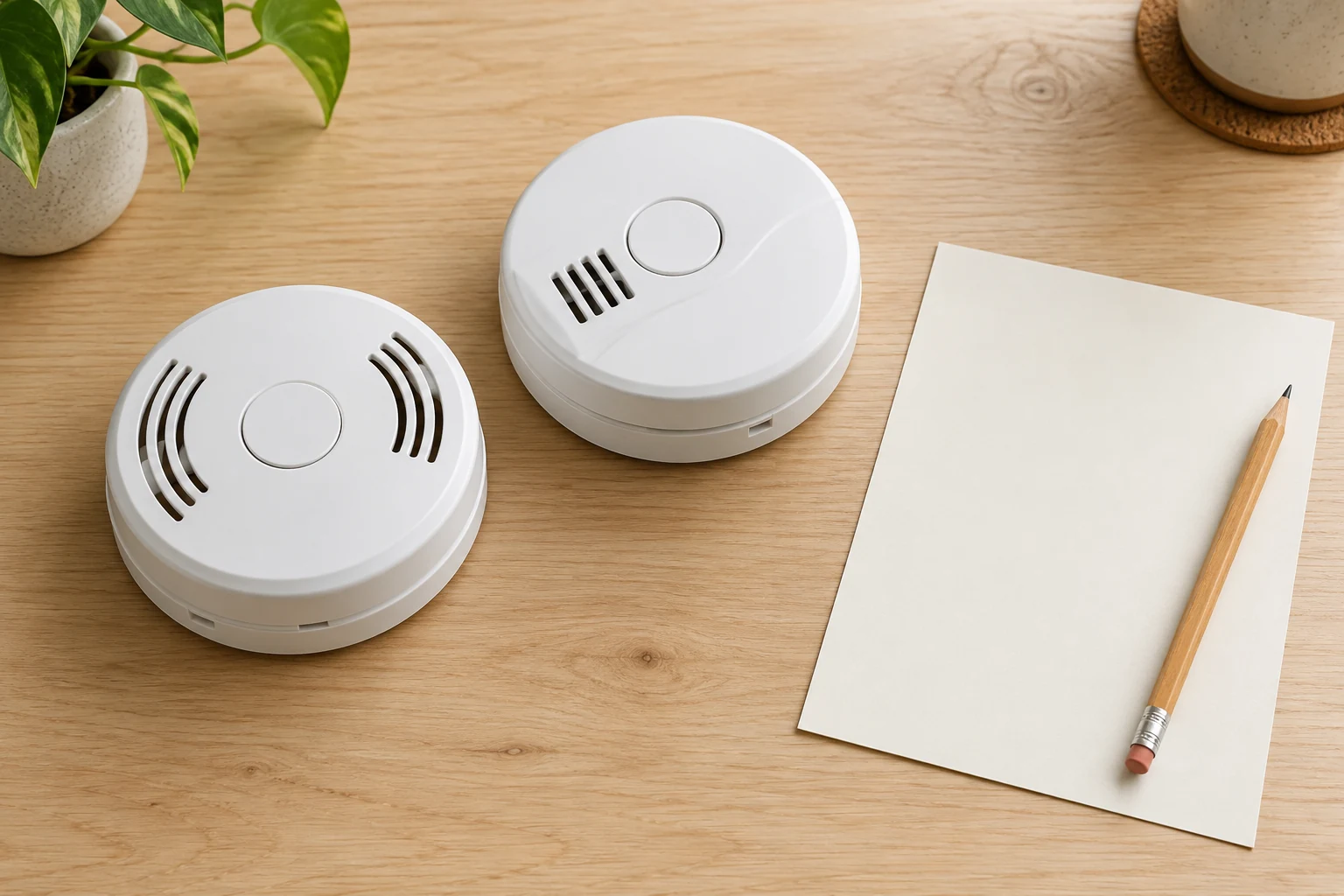 Smoke alarm chirping concept with two closed generic white household alarms beside a blank decision sheet on a desk.