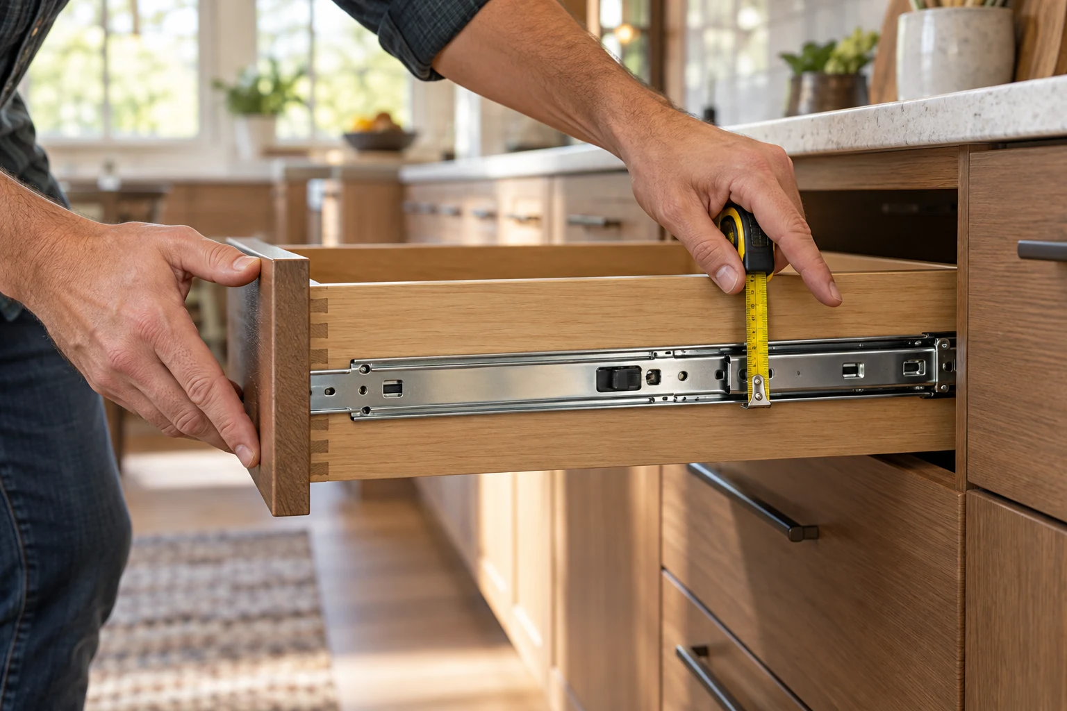 Drawer slide listing terms explained beside an open kitchen drawer with a visible metal slide and a tape measure.