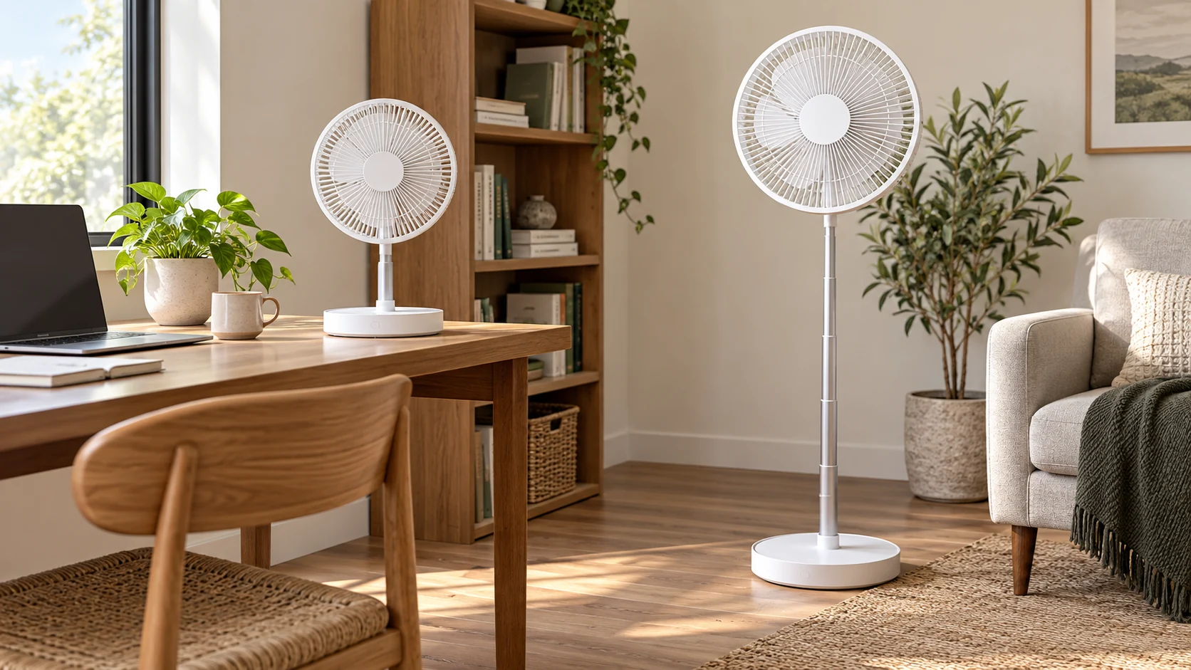foldable fan height setup: two white adjustable fans stand at different heights beside a desk and floor-level seating area.