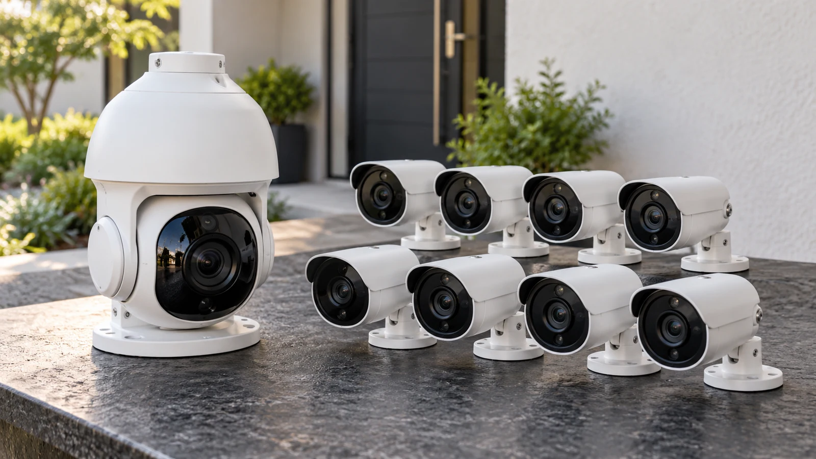 ANNKE PTZ camera vs VideoSecu eight-camera: One large security camera and eight smaller cameras sit on a stone table.