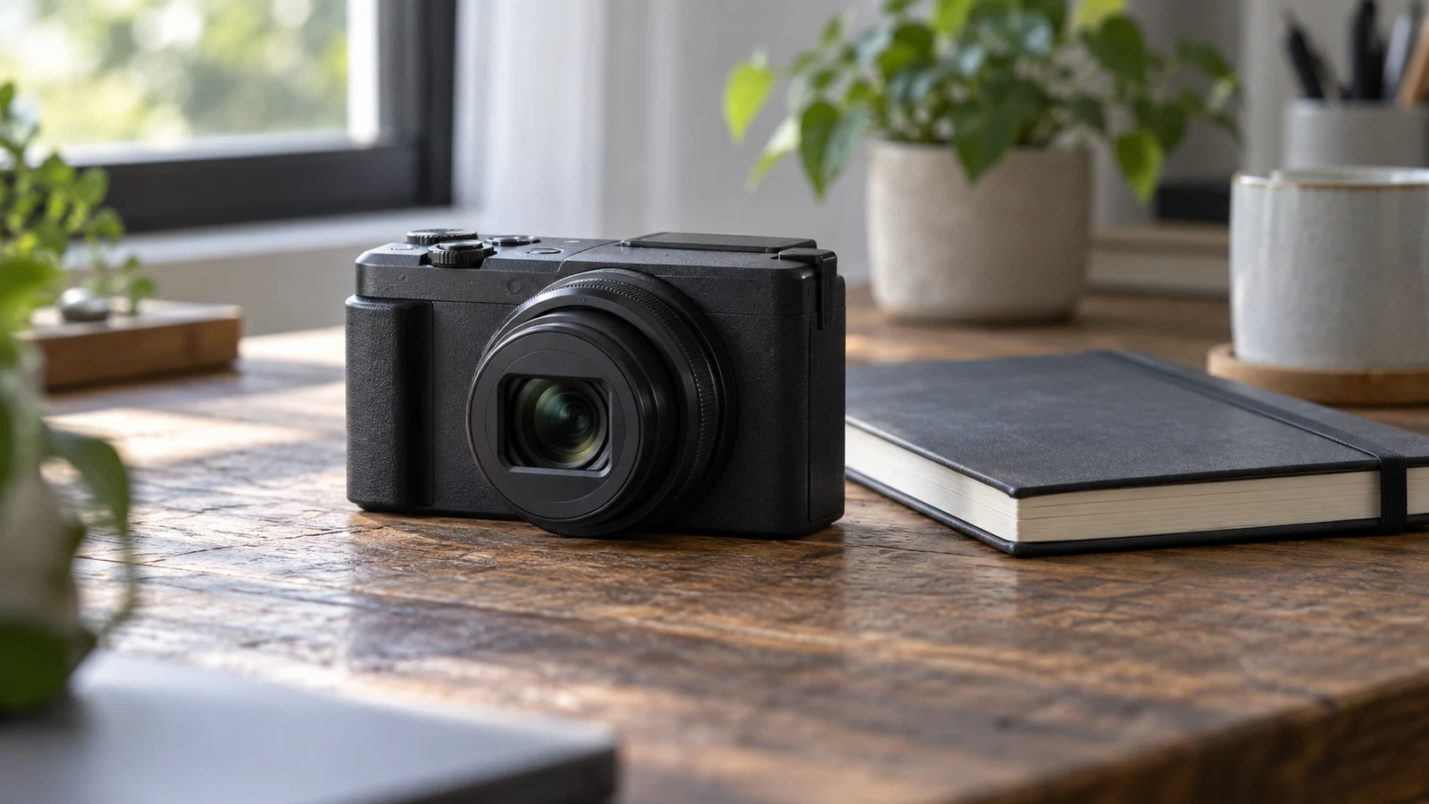 Sony ZV-1 II video trimming checks: A black compact camera sits beside a closed notebook on a wooden desk.