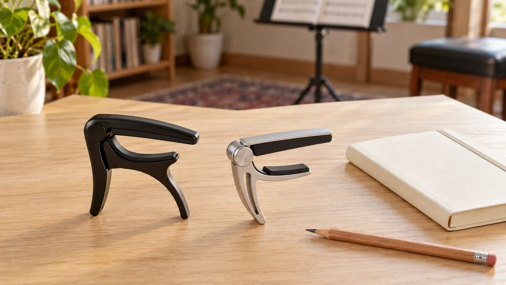 Capo instrument compatibility illustrated conceptually by two whole separate generic black and silver uninstalled capos on a wood table.