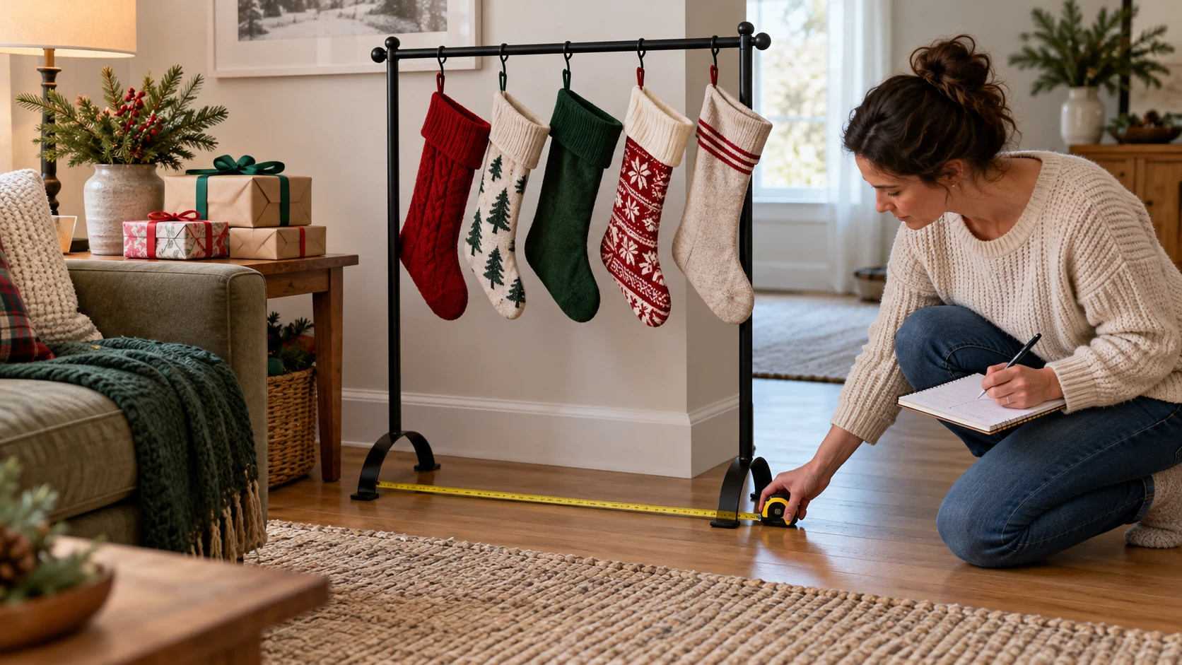 Christmas stocking stand in a living room while a person measures its floor footprint and records the reusable holiday setup on a checklist.