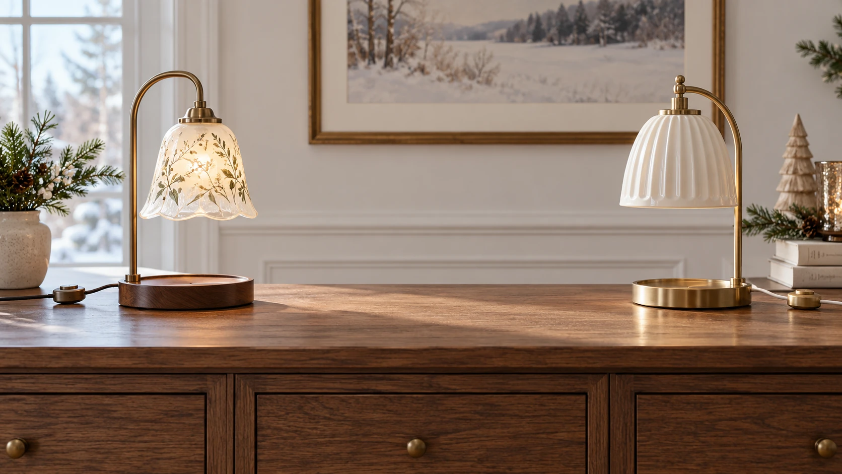 holiday candle warmer corner illustrated by two separate lamp designs on a sideboard, visible cord controls and open planning space between them.