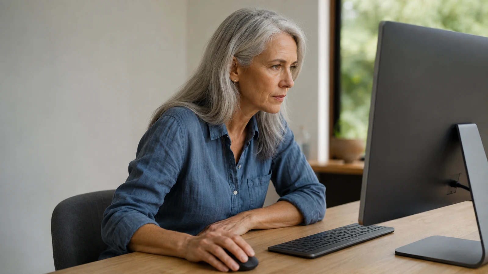 ethereum shopping: A silver-haired woman faces a desktop monitor with her hand on a mouse at a wooden desk.