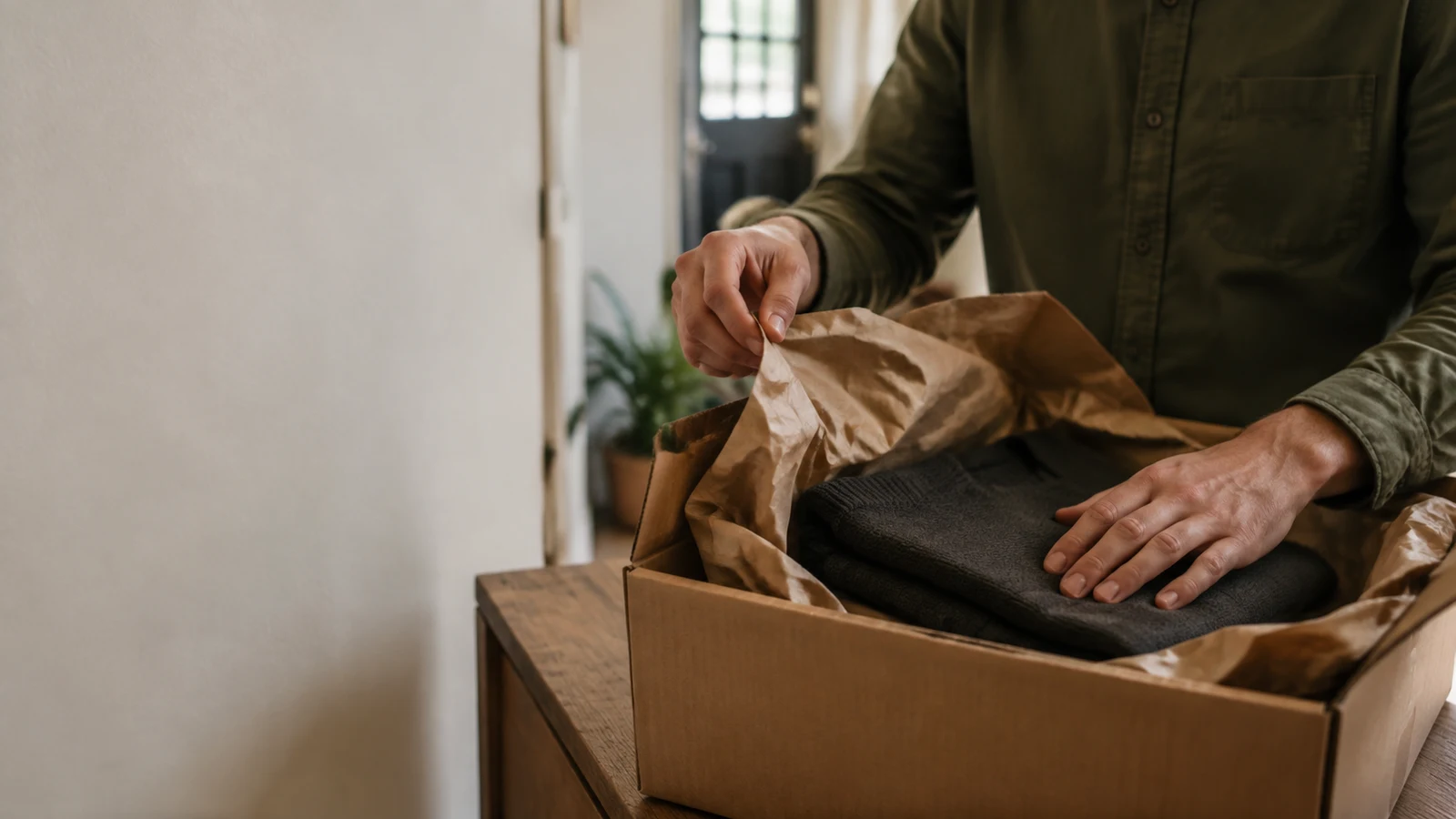 how to shop with crypto: A person touches a folded garment and packing paper inside an open cardboard box.