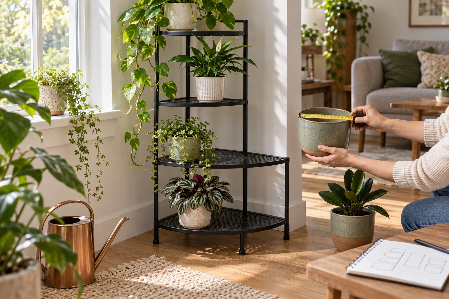A tiered plant stand beside a window with several potted plants and a person measuring an extra pot for an open shelf.