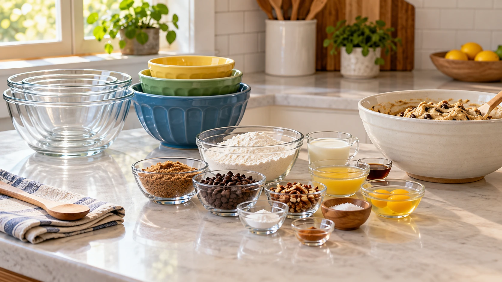 Mixing bowl prep station with a row of nested glass and colorful ceramic bowls beside separate measured ingredient groups on a clear counter.