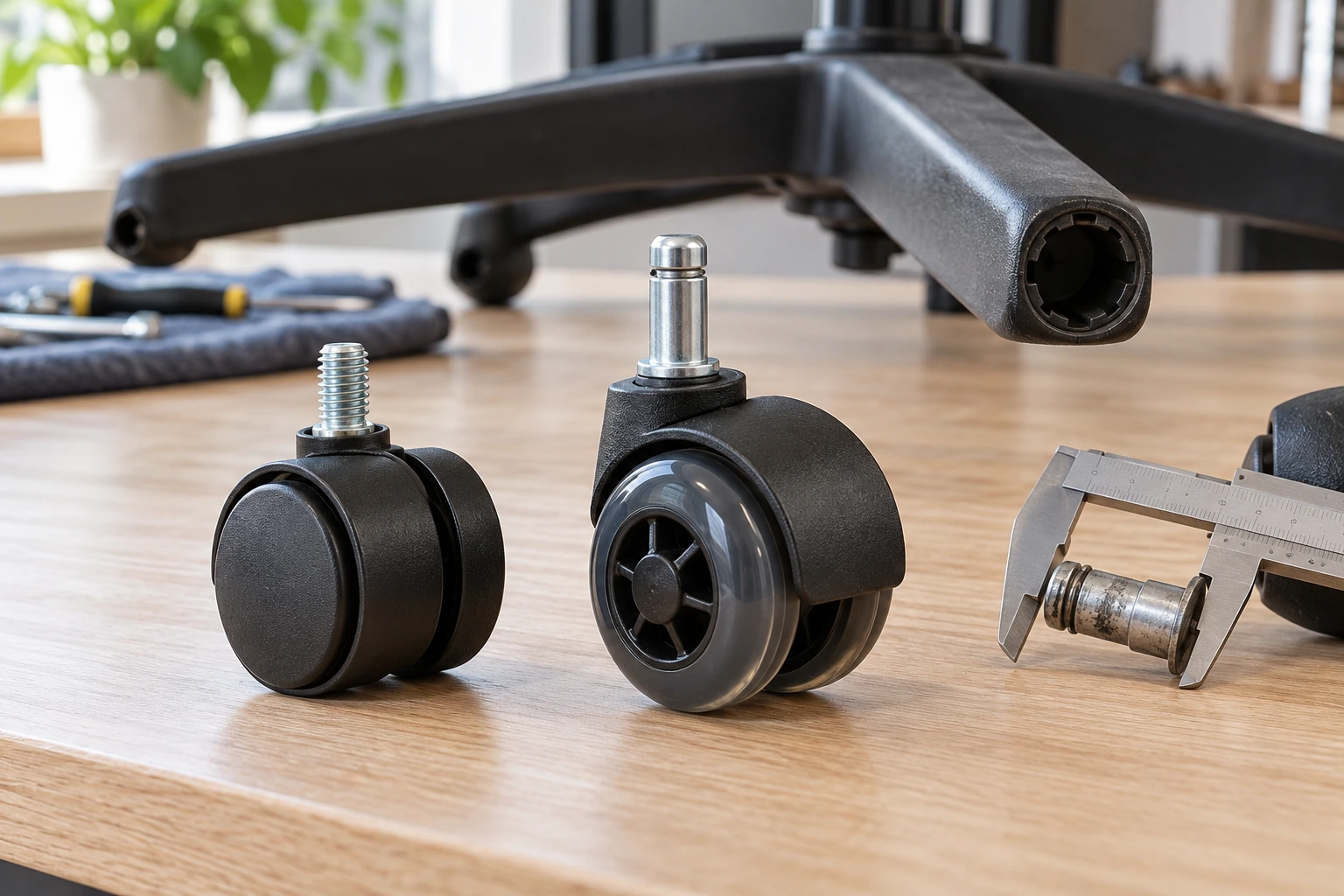 how to match replacement office chair casters to the chair base by comparing a threaded stem, a smooth stem, and the original caster at an empty chair-base socket.
