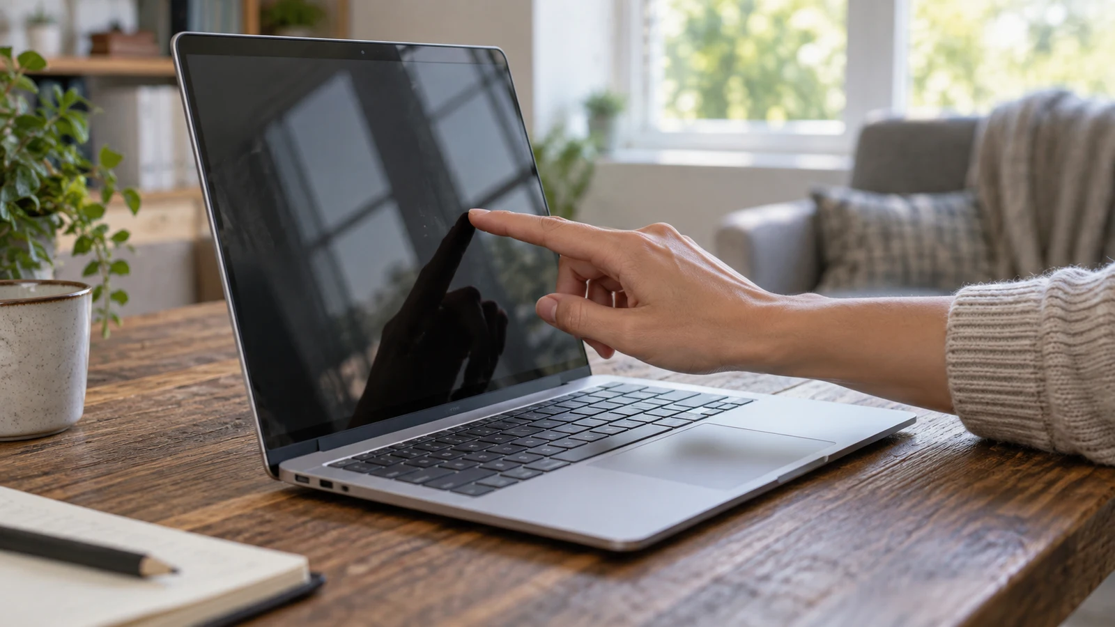 Dell Inspiron touchscreen checks: A hand touches the dark screen of a silver laptop on a wooden desk.