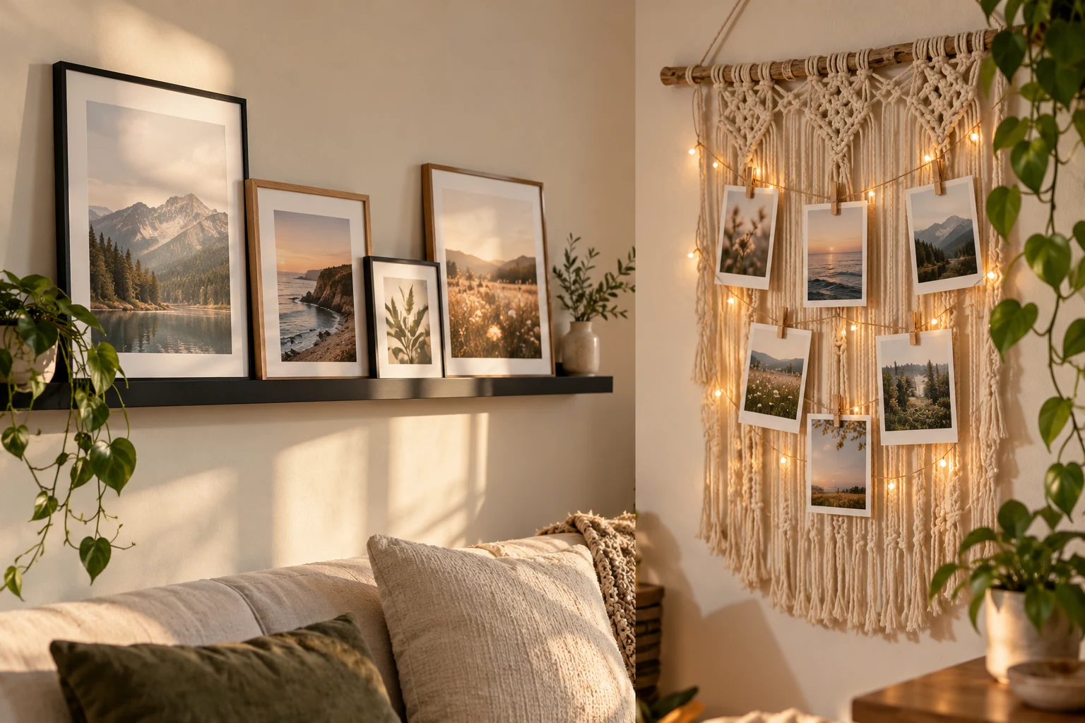 Wall photo display compatibility shown by framed pictures resting on a black ledge and loose prints clipped to a lighted macrame hanging.