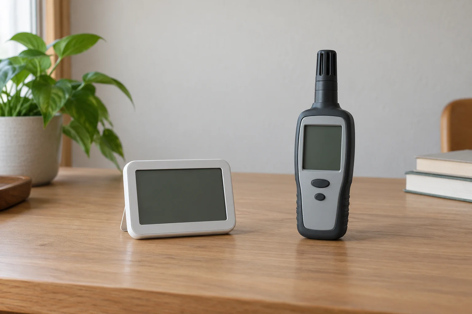 Relative humidity and temperature concept with a complete generic room monitor and handheld meter resting separately with blank inactive screens.