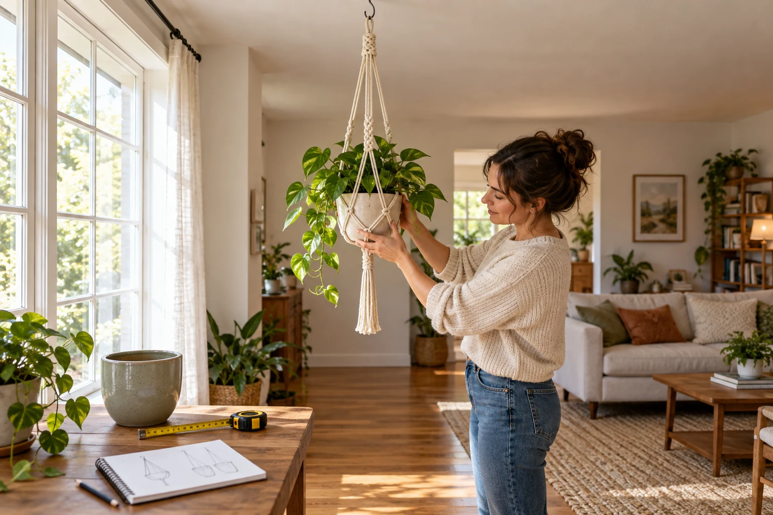 A macrame plant hanger by a window holding a potted plant while a person checks its fit, with a spare pot and measuring tape nearby.