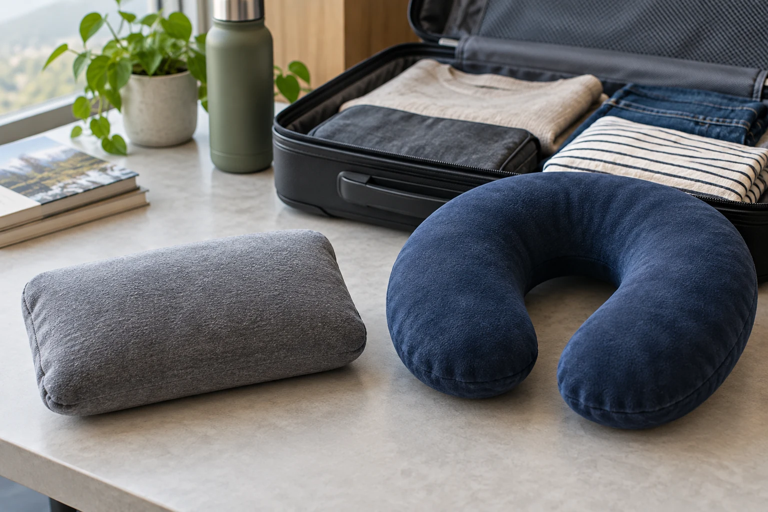 travel pillow shape comparison on a table beside an open bag, with one rectangular cushion and one curved neck pillow.