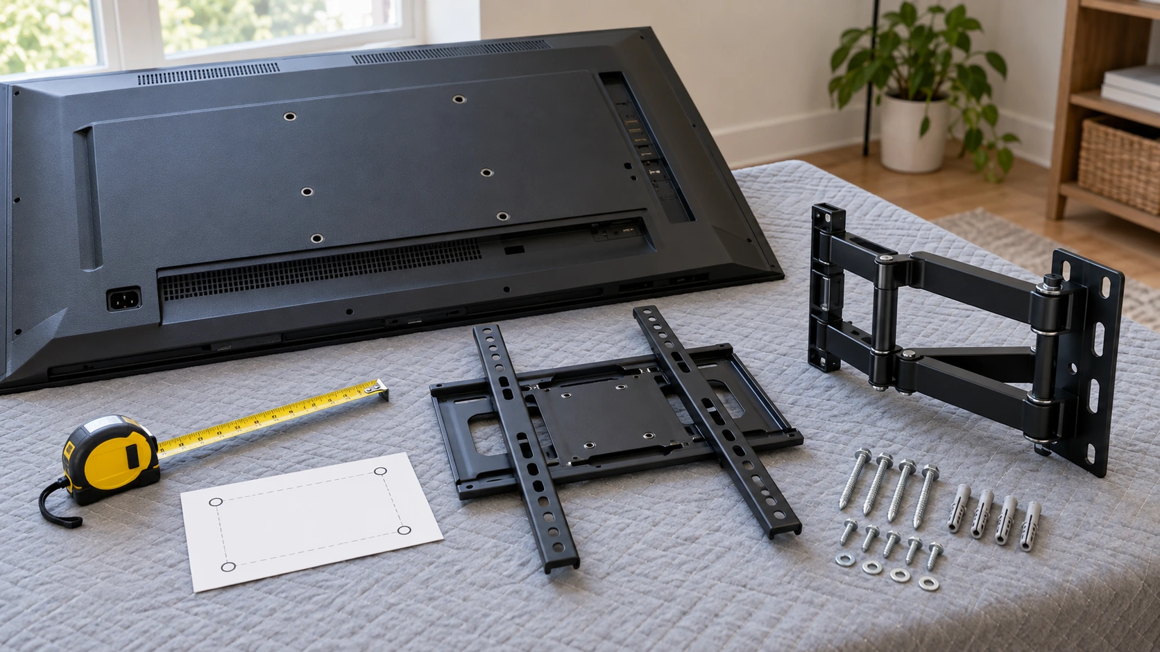 A television rear panel, mounting rails, and a full-motion wall bracket laid out with a tape measure and hardware for a TV wall mount compatibility check.