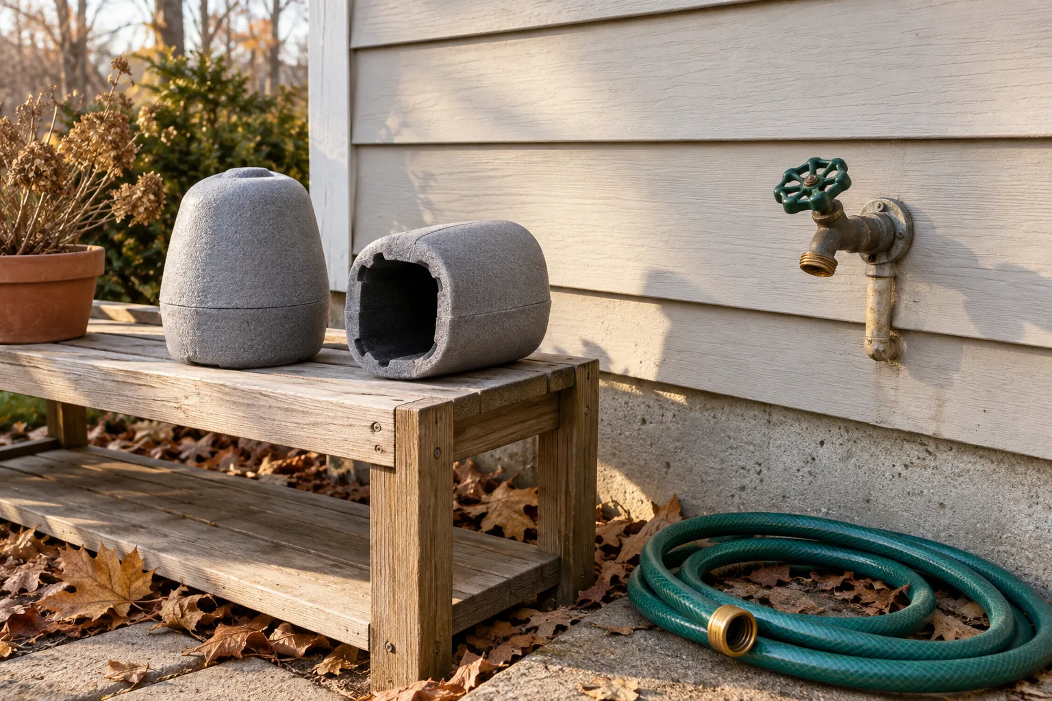 Outdoor faucet covers beside a disconnected garden hose and a bare wall faucet before winter preparation.