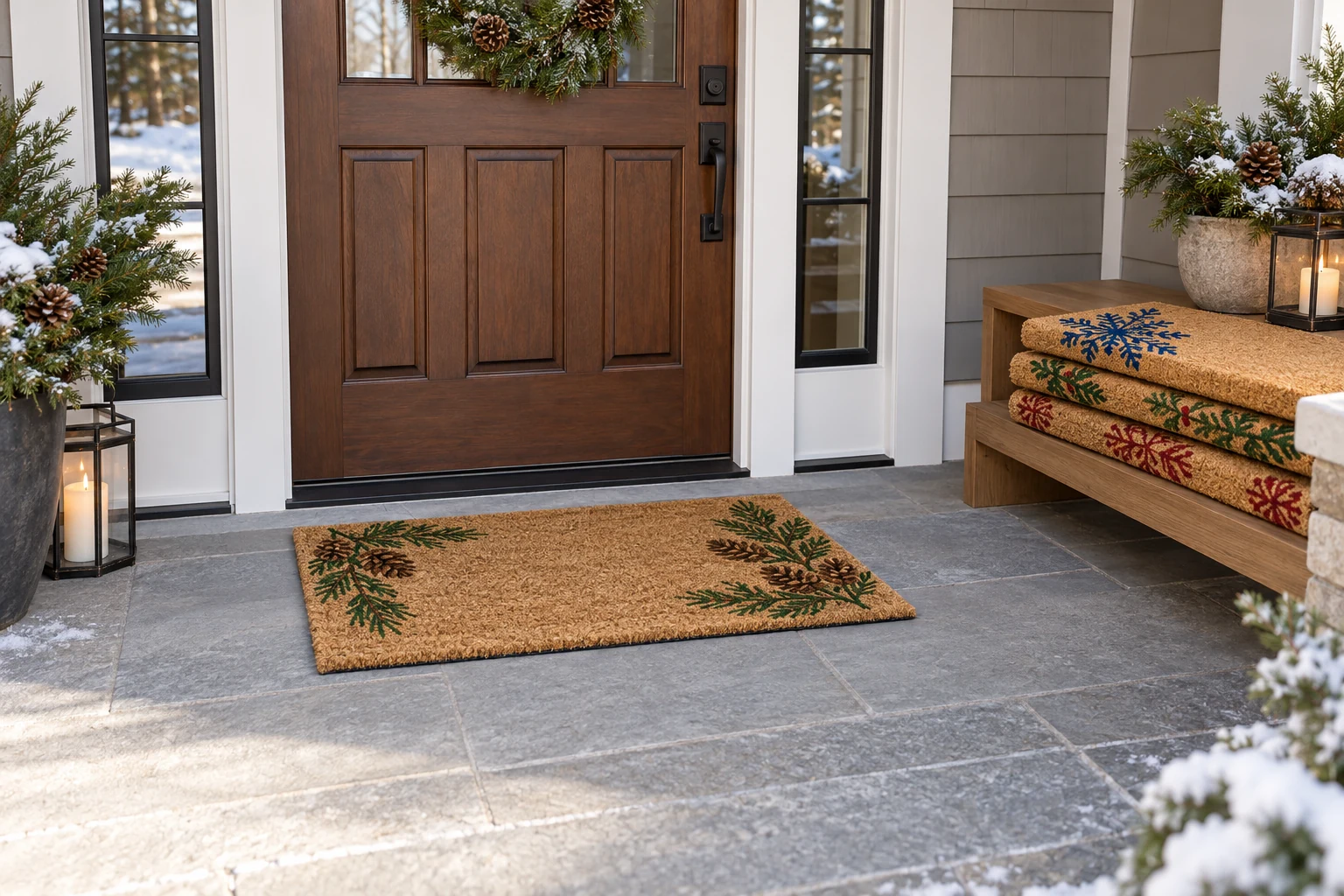 Holiday doormat rotation with one coir mat at a clear front step and alternate seasonal coir mats set aside for later swaps