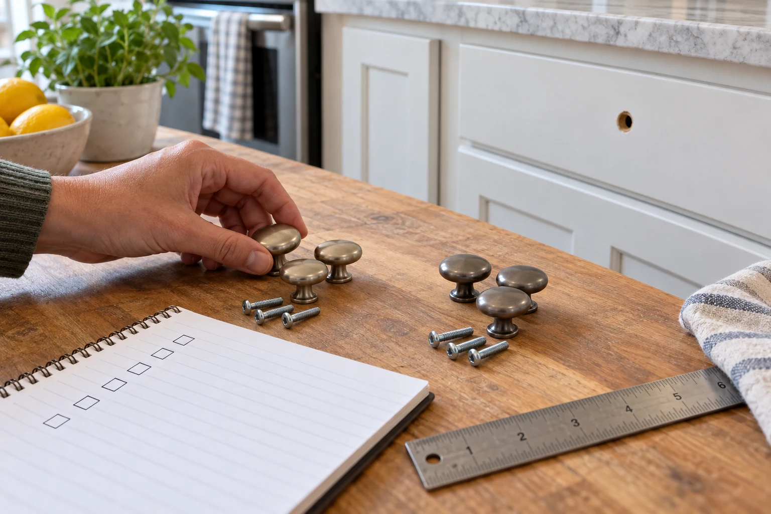 Cabinet knob pack count planning with a hand sorting replacement knobs and screws beside a checklist and an empty single-hole cabinet front.